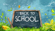 Colorful illustration featuring a chalkboard with the phrase back to school amidst a lively, leafy, and scribbled blue background