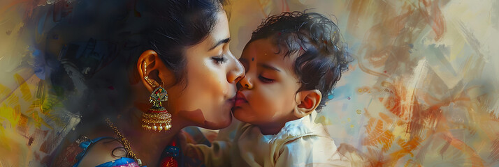 Wall Mural - south indian young woman playing and kissing her baby