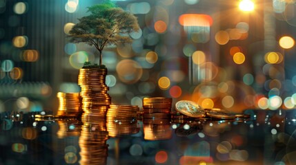 Poster - double exposure of golden coins stacks on table with tree growing on top and blur city night background, money and investment concept