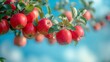 Apple tree branch with red apples on the background of blue sky