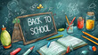 Vibrant back to school theme featuring chalkboard, books, pencils, and art supplies against a teal backdrop, symbolizing preparedness for learning