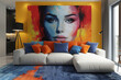 Vibrant Urban Loft: Contemporary Sofa and Bold Artistic Statement Wall

