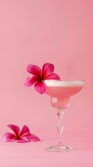 Wall Mural - On a vivid pink background, a cocktail glows with vibrant colors like a work of liquid art. Pinkish cocktail radiates energy and freshness.