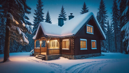 Mountain House with Snow in Winter: Cozy Retreat Amidst Snowy Scenery