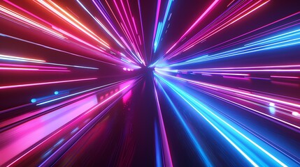 Canvas Print - Vibrant neon light beams speeding through a digital tunnel