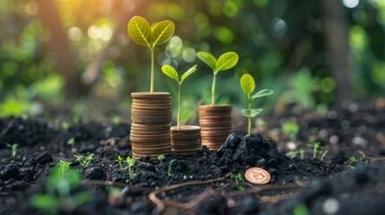 Poster - money growth concept,young plants growing up on stack of coins for saving and invesment