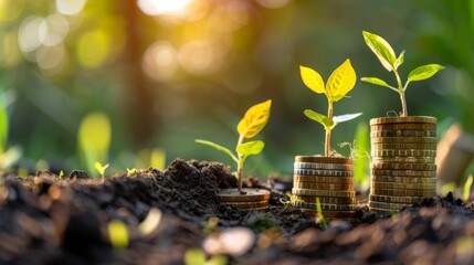 Poster - money growth concept,young plants growing up on stack of coins for saving and invesment