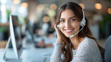 Wall Mural - Professional Call Center Operator: Young Woman with Headset and Computer in Office Environment