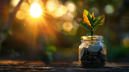 Poster - Plant growing from coins outside the glass jar on blurred green natural background with copy space and sunlight effect for investment, business and financial growth concept