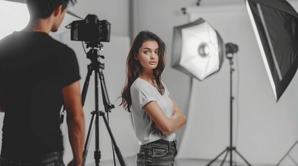 photographer girl, focus and workspace with background, ideas and photoshoot for clothes design blog