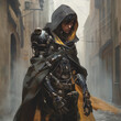 A warrior in a black cloak and yellow scarf stands in an alleyway.