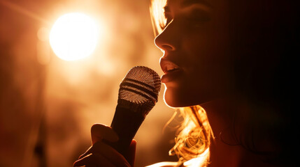 The silhouette of a young singer girl with a microphone against the background of lights.