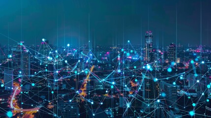 Poster - Smart city dot point connect with gradient line, connection technology metaverse concept. Bangkok, Thailand night city banner with big data.