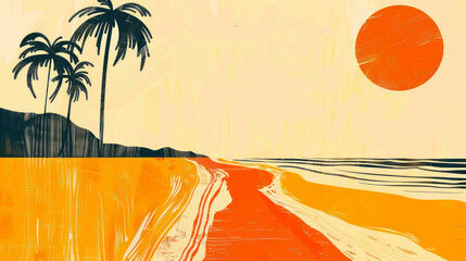 tropical beach sunset with palm trees and orange sky