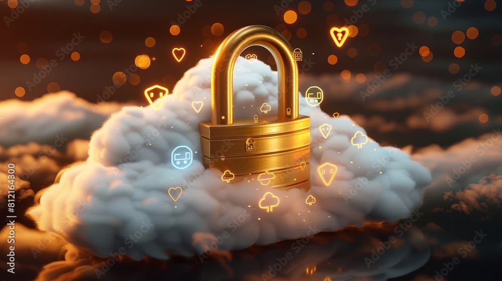 3D of a golden padlock on a cloud with digital security icons and ...