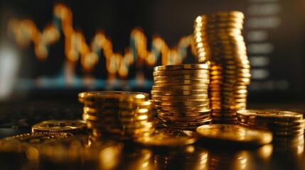 Poster - Stack of gold money coin with trading graph, financial investment concept can be use as background