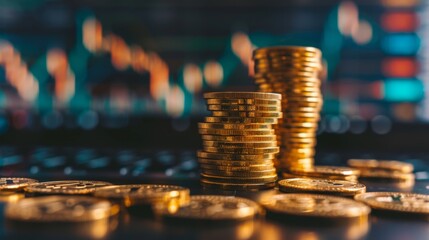 Poster - Stack of gold money coin with trading graph, financial investment concept can be use as background