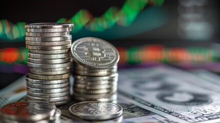 Poster - stack of silver coins with trading chart in financial concepts and financial investment business stock growth