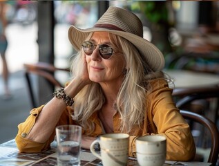 Wall Mural - Stunning high resolution photograph of a mature, successful woman on a trip, relaxing while sightseeing at a roadside coffee shop. Travel