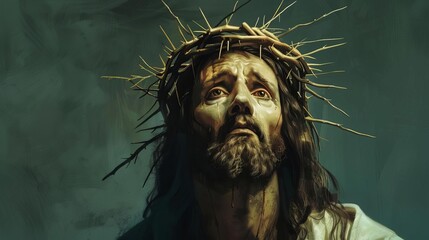 Wall Mural - ancient illustration of jesus christ with crown of thorns digital painting