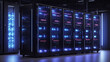 A dark room filled with tall black server racks with bright blue and purple lights.

