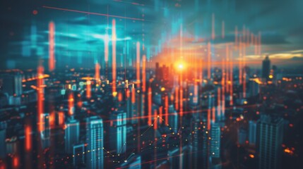 Poster - Stock market business concept. Financial graphs and digital indicators with modernistic urban area and skyscrapers as background. Double Exposure.