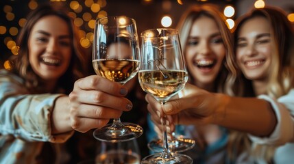 Wall Mural - Cheers to Good Times: Young Friends Toasting White Wine Glasses at Pub Table