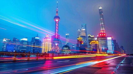 Leinwandbilder - the light trails on the modern building background in shanghai china.