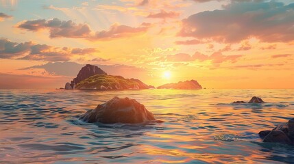 Wall Mural - breathtaking sunset over a rocky island with a sandy beach and calm ocean waves illustrated panorama