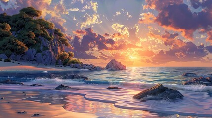 Wall Mural - breathtaking sunset over a rocky island with a sandy beach and calm ocean waves illustrated panorama