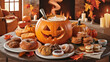 Festive Autumn Breakfast with Carved Pumpkin Latte and Assorted Pastries in Cozy Setting.