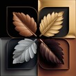 Elegant Golden and Silver Leaves on Black and Brown Squares Featuring Metallic Textures.