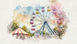 Illustration of a slightly blurred watercolor ferris wheel on sky background. Vintage toned picture with bokeh effect. Copy space. Generative ai.