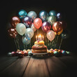Illustration of a festive scene with a birthday cake and lit candles surrounded by a multitude of colorful balloons. Generative Ai.