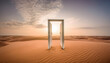 A serene scene of a solitary door amidst endless sand, opening to a tranquil sunrise. A surreal landscape painted by Generative Ai.