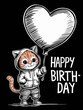 Charming Cartoon Cat Holding a Heart-Shaped Balloon with Happy Birthday Message.