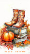 Autumn Vibes with Worn Leather Boots, Pumpkin, and Books Amidst Fallen Leaves.