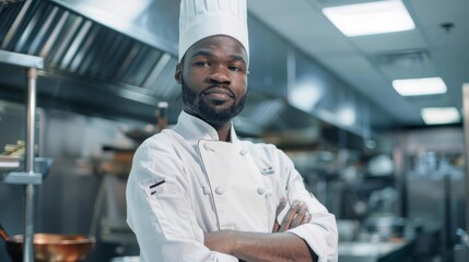 confident african american male chef portrait in commercial kitchen culinary industry