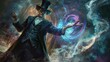 
In this portrait, the magician exudes confidence and charisma, dressed in traditional attire with a top hat and wand. Their intense gaze hints at secrets, while swirling smoke and lights add to the e