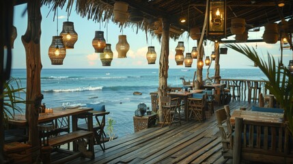 Poster - A beachfront restaurant with a view of the ocean
