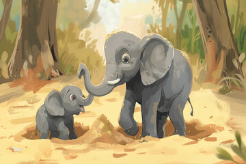 mother elephant with her little elephant playing in a sand pit, simple cartoon style, animal mommy and baby, Happy motherhood, cute family