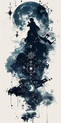 Wall Mural - A woman standing in front of a full moon. Monochromatic ink illustration with fantasy world and characters, design for a book cover or a poster