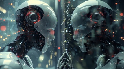 Poster - Two robots are reflected in a mirror, one of which has red eyes