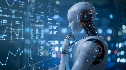 Poster - A robot is looking at a computer screen with a question mark on its face