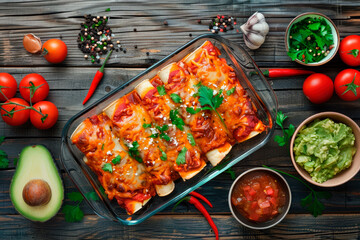 top view of a glass tray with traditional mexican chicken enchiladas on a rustic wooden table with i