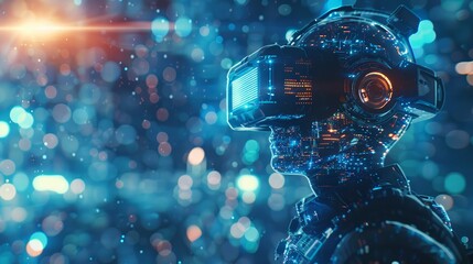 Aufkleber - A man in a virtual reality headset is looking at a blurry cityscape