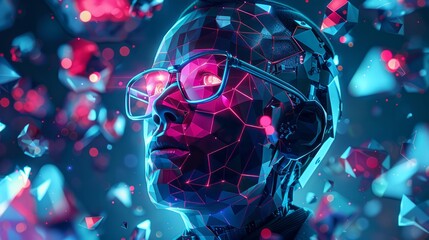 Poster - A man's face is shown in a computer generated image with a lot of colorful