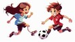 energetic boy and girl soccer players running and kicking ball cartoon illustration