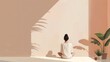 The image is a photo of a woman sitting in a yoga pose in a room with a warm, neutral color palette. The photo is calming and serene, and the woman appears to be at peace.