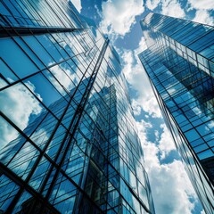 Reflective skyscrapers, business office buildings, photography of glass curtain wall details of high-rise buildings. The window glass reflects the blue sky and white clouds, AI generated